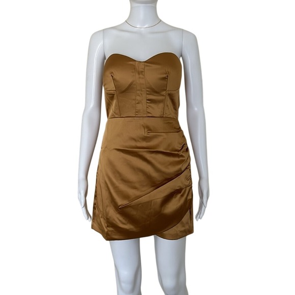 Naked Wardrobe The statement Gold Strapless Side Rouche Mini Dress Size Small - Picture 1 of 8